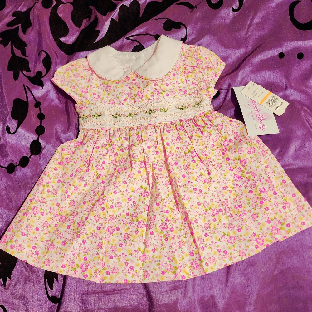 Bonnie Jean Floral Pink Baby Dress with White Collar